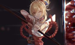 Rule 34 | 1girl, aiming, aiming at viewer, arrow (projectile), blonde hair, blurry, blurry foreground, bow, closed mouth, cocona w, collar, collarbone, commentary, dark, eyebrows hidden by hair, genshin impact, hair between eyes, hand up, highres, japanese clothes, kimono, looking at viewer, medium hair, one eye closed, orange eyes, orange kimono, red collar, sarashi, solo, vision (genshin impact), yoimiya (genshin impact)