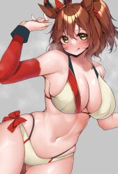 Rule 34 | 1girl, :p, absurdres, animal ears, aston machan (umamusume), bikini, blush, breasts, brown hair, cleavage, collarbone, commentary request, gauntlets, gluteal fold, grey background, hair between eyes, hair ornament, highres, horse ears, horse girl, kshimu, large breasts, looking at viewer, medium hair, navel, simple background, single gauntlet, skindentation, solo, steam, stomach, swimsuit, tongue, tongue out, umamusume, white bikini, yellow eyes