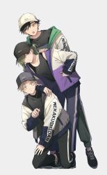 Rule 34 | 1girl, 2boys, alternate costume, baseball cap, behind another, black footwear, black hair, black hat, black jacket, black pants, black shirt, black tank top, breasts, brown eyes, closed mouth, clothes writing, commentary request, cross-laced footwear, fingernails, frown, full body, green eyes, green hair, green jacket, grey hat, hair between eyes, hair over one eye, hand on another&#039;s shoulder, hand on own hip, hand on own thigh, hat, headwear writing, highres, jacket, jewelry, kagerou project, kano shuuya, kido tsubomi, kneeling, leaning, leaning forward, light brown hair, long hair, long sleeves, looking at viewer, matching outfits, medium breasts, mokemoke chan, multicolored clothes, multicolored jacket, multiple boys, necklace, open clothes, open jacket, pants, pocket, ponytail, purple jacket, sample watermark, serious, seto kousuke, shirt, shoes, short hair, simple background, small breasts, sneakers, streetwear, t-shirt, tank top, track pants, tsurime, unzipped, watermark, white background, white hat, white jacket, yellow eyes
