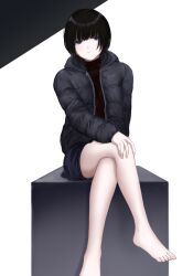 Rule 34 | 1girl, bare legs, barefoot, black coat, black hair, blunt bangs, bob cut, closed mouth, coat, conari, crossed legs, feet, hand on own knee, highres, hood, legs, long sleeves, looking at viewer, open clothes, open coat, original, purple eyes, short hair, short shorts, shorts, sitting, smile, solo, toenails, toes, two-tone background, white background