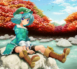Rule 34 | 1girl, bad id, bad pixiv id, blue eyes, blue hair, boots, female focus, green hat, hair bobbles, hair ornament, hat, kawashiro nitori, key, leather, leather boots, matching hair/eyes, matsutani, river, rock, scenery, short hair, sitting, sitting on rock, solo, touhou, twintails, two side up