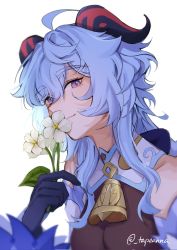Rule 34 | 1girl, ahoge, bell, black gloves, blue hair, breasts, commentary, cowbell, english commentary, flower, ganyu (genshin impact), genshin impact, gloves, goat horns, hair between eyes, highres, holding, holding flower, horns, long hair, looking at viewer, medium breasts, neck bell, purple eyes, simple background, solo, tapeanna, twitter username, upper body, white background