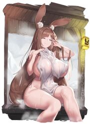 Rule 34 | 1girl, absurdres, adjusting hair, animal ear fluff, animal ears, breasts, brown hair, closed mouth, commission, covered erect nipples, curvy, highres, huge breasts, l.wolf, long hair, naked towel, onsen, original, parted bangs, rabbit ears, rabbit girl, sitting, smile, solo, towel, very long hair, wet, wide hips