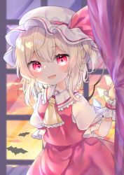 Rule 34 | 1girl, :d, ascot, bat (animal), blonde hair, blush, breasts, cowboy shot, crystal, curtains, fangs, flandre scarlet, frilled shirt collar, frills, hand up, hat, hat ribbon, highres, indoors, long hair, looking at viewer, mob cap, one side up, open mouth, pafe yuzuran, pink eyes, pointy ears, puffy short sleeves, puffy sleeves, red ribbon, red skirt, red vest, ribbon, short sleeves, skin fangs, skirt, skirt set, small breasts, smile, solo, touhou, twilight, vampire, vest, white hat, window, wings, wrist cuffs, yellow ascot