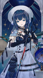 Rule 34 | 1girl, absurdres, arknights, astesia (arknights), astesia (starseeker) (arknights), astrolabe, black gloves, blue eyes, blue hair, bright pupils, commentary, dress, elbow gloves, globe, gloves, hat, highres, holding, holding sword, holding weapon, long hair, looking at viewer, official alternate costume, open mouth, puffy short sleeves, puffy sleeves, repu (rep sha), short sleeves, solo, star (symbol), sword, weapon, white hat