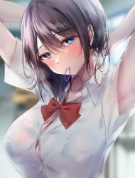 Rule 34 | 1girl, arms behind head, arms up, blue eyes, blurry, blurry background, bow, bowtie, bra, bra pull, breasts, brown hair, bursting breasts, button gap, closed mouth, clothes pull, collared shirt, hair between eyes, hair tie in mouth, head tilt, highres, indoors, looking at viewer, medium hair, mouth hold, original, see-through silhouette, shirt, short sleeves, sidelocks, solo, sweat, underwear, wet, wet clothes, wet shirt, white shirt, wing collar, yutsuki tsuzuri, yuzuki tsuzuru