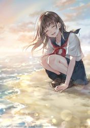 Rule 34 | 1girl, ao+beni, beach, black socks, blue sailor collar, blue skirt, brown footwear, brown hair, closed eyes, collarbone, commentary request, hand on ground, hand on own knee, highres, long hair, looking at viewer, lower teeth only, neckerchief, ocean, open mouth, original, outdoors, pleated skirt, sailor collar, school uniform, serafuku, shirt, shoes, short sleeves, skirt, smile, socks, solo, squatting, tears, teeth, translation request, white shirt