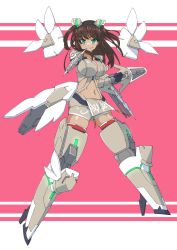 Rule 34 | 1girl, alice gear aegis, black gloves, breasts, brown hair, brown shorts, caguya, cleavage, clenched hand, dark-skinned female, dark skin, floating hair, gloves, green eyes, highres, holding, holding sword, holding weapon, kaneshiya sitara, large breasts, looking at viewer, mecha musume, midriff, navel, pink background, shorts, skindentation, smile, solo, sword, two side up, v-shaped eyebrows, weapon