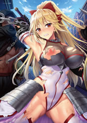 Rule 34 | 1boy, 1girl, arm up, armor, armpits, artist name, blonde hair, blue sky, blush, breastplate, breasts, brown eyes, building, chair, clenched teeth, cloud, covered erect nipples, day, dirty, hair ribbon, highres, hisasi, holding, holding sword, holding weapon, large breasts, leotard, looking at viewer, nipples, original, outdoors, ponytail, red ribbon, restrained, ribbon, shiny skin, sidelocks, sky, solo focus, spread legs, sweat, sweatdrop, sword, teeth, thighhighs, thighs, torn clothes, torn legwear, weapon, white thighhighs