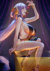 1girl absurdres bare_shoulders bb_(fate) bb_dubai_(fate) belly_chain black_dress bracelet braid braided_hair_rings breasts center_opening cherry cleavage dress fate/grand_order fate_(series) food fruit hair_ribbon hair_rings high_heels highres jewelry large_breasts long_hair necklace open_mouth purple_eyes purple_hair ribbon sanbon_hijiki side_slit sitting smile solo twin_braids very_long_hair yellow_ribbon