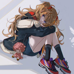 Rule 34 | 1girl, blue eyes, doll, hairpods, highres, hitokoto, interface headset, jacket, knees up, long hair, looking to the side, nail polish, neon genesis evangelion, orange hair, shoes, sitting, sneakers, socks, solo, souryuu asuka langley, tsundere, white background