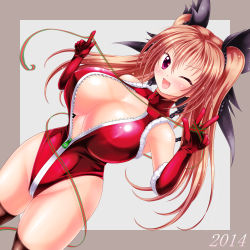 Rule 34 | 10s, 1girl, 2014, bare shoulders, black thighhighs, blonde hair, blush, breasts, brown hair, christmas, cleavage, cleavage cutout, clothing cutout, curvy, elbow gloves, fang, female focus, front zipper swimsuit, gloves, hair ornament, highleg, highres, huge breasts, kogarashi (wind of winter), large breasts, leotard, long hair, long twintails, looking at viewer, meme attire, no bra, one-piece swimsuit, one eye closed, open mouth, original, pink eyes, purple eyes, red gloves, red hair, ribbon, smile, solo, standing, swimsuit, thighhighs, twintails, unzipped, v, wide hips, wink, zipper