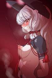 Rule 34 | 10s, 1girl, arms behind back, bdsm, blush, bondage, bound, breastless clothes, breasts, brown eyes, cloth gag, gag, gagged, headgear, heart, heart-shaped pupils, highres, improvised gag, kantai collection, lactation, long hair, medium breasts, murakumo (kancolle), murakumo kai ni (kancolle), nipple leash, nipple piercing, nipples, over the mouth gag, piercing, silver hair, solo, symbol-shaped pupils, tears, wanaata