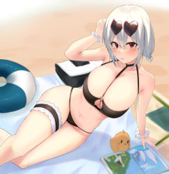 Rule 34 | 1girl, absurdres, arm support, azur lane, bare arms, bare shoulders, between breasts, bikini, black bikini, breasts, bridal garter, commentary request, eyewear on head, feet out of frame, hair between eyes, hand up, highres, innertube, large breasts, looking at viewer, manjuu (azur lane), navel, official alternate costume, red eyes, scrunchie, short hair, sijamu, silver hair, sirius (azur lane), sirius (scorching-hot seirios) (azur lane), sitting, solo, stomach, sunglasses, swim ring, swimsuit, thighs, white scrunchie, wrist scrunchie