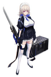 Rule 34 | 1girl, black footwear, black jacket, black skirt, blue necktie, breasts, closed mouth, crate, flipped hair, framed breasts, full body, hair between eyes, high collar, highres, holding, holding weapon, jacket, large breasts, light smile, looking at viewer, maid, miniskirt, multicolored hair, necktie, original, pleated skirt, purple eyes, shirt, short hair, short necktie, short sleeves, silver hair, simple background, skindentation, skirt, smile, solo, thick thighs, thighhighs, thighs, underbust, untue, weapon, white background, white shirt, white thighhighs
