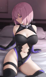 Rule 34 | 1girl, absurdres, arm support, bare shoulders, bed sheet, bee doushi, black leotard, black thighhighs, blurry, blurry background, blush, breasts, cleavage, cleavage cutout, clothing cutout, depth of field, elbow gloves, fate/grand order, fate (series), gloves, heavy breathing, highleg, highleg leotard, highres, indoors, large breasts, leaning back, leotard, looking away, looking to the side, mash kyrielight, navel cutout, on bed, parted lips, pillow, pink hair, purple eyes, short hair, sitting, solo, thighhighs, two-tone gloves