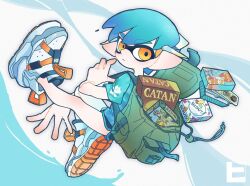 Rule 34 | 1boy, backpack, bag, black shorts, blue background, blue hair, blue shirt, blue trim, book, closed mouth, commentary request, full body, green bag, highres, hiko0v0, inkling, inkling boy, inkling player character, nintendo, pointy ears, shirt, shoes, short hair, short shorts, shorts, solo, splatoon (series), two-tone background, white background, white footwear, yellow eyes