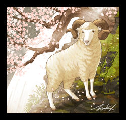 Rule 34 | animal, animal focus, black border, border, branch, chinese zodiac, flower, grass, horns, looking at viewer, no humans, original, pink flower, plant, sheep, sheep horns, signature, takigraphic, tree, year of the goat