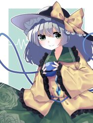 Rule 34 | 1girl, black hat, blue background, border, bow, buttons, closed mouth, collared shirt, commentary, cowboy shot, diamond button, eyeball, floral print, frilled shirt collar, frilled sleeves, frills, green eyes, green skirt, grey hair, hat, hat bow, highres, komeiji koishi, long sleeves, looking at viewer, medium hair, outside border, rose print, shirt, shishidonagi, simple background, skirt, smile, solo, standing, third eye, touhou, white border, wide sleeves, yellow bow, yellow shirt
