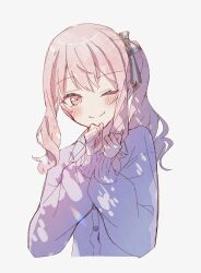 Rule 34 | 1other, absurdres, akiyama mizuki, androgynous, buttons, cardigan, closed mouth, colored eyelashes, dot nose, grey background, hands up, highres, kamiyama high school uniform (project sekai), long hair, long sleeves, looking at viewer, one eye closed, pink eyes, pink hair, project sekai, purple cardigan, ribbon, school uniform, side ponytail, sidelocks, simple background, split mouth, tachibana (tachibanableu), upper body