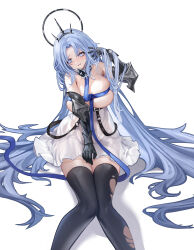 Rule 34 | 1girl, absurdres, alsace (azur lane), armored gloves, averting eyes, azur lane, bare shoulders, black thighhighs, blue eyes, blue hair, blue ribbon, blush, breastless clothes, breasts, commentary request, gauntlets, halo, halo behind head, hand up, high-waist skirt, highres, huge breasts, long hair, revealing clothes, ribbon, ribbon bra, simple background, sitting, skindentation, skirt, solo, thighhighs, tiara, torn clothes, torn thighhighs, very long hair, white background, white skirt, yoyoleaf