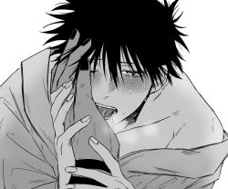 Rule 34 | 2boys, arm tattoo, blush, collarbone, commentary request, crying, crying with eyes open, fingernails, french kiss, fushiguro megumi, fushirun rung, greyscale, hand mouth, hand on another&#039;s cheek, hand on another&#039;s face, holding another&#039;s wrist, japanese clothes, jujutsu kaisen, kimono, kiss, kissing hand, male focus, monochrome, multiple boys, nail polish, off shoulder, one eye closed, ryoumen sukuna (jujutsu kaisen), short hair, size difference, spiked hair, tattoo, tears, yaoi