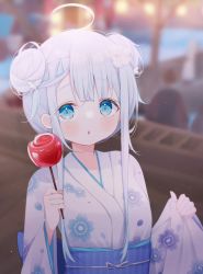 Rule 34 | 1girl, ahoge, amatsuka uto, blue eyes, blurry, blurry background, blush, breasts, candy apple, commentary, depth of field, deyui, double bun, floral print, flower, food, hair bun, hair flower, hair ornament, hairclip, hands up, highres, holding, holding food, indie virtual youtuber, japanese clothes, kimono, long hair, long sleeves, looking at viewer, obi, parted lips, pinching sleeves, print kimono, sash, sidelocks, silver hair, sleeves past wrists, small breasts, solo, upper body, virtual youtuber, white flower, white kimono, wide sleeves