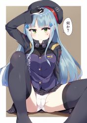 Rule 34 | 1girl, arm behind back, arm support, beret, black gloves, black hat, black jacket, black skirt, black thighhighs, blue hair, blush, brown background, bushinofuji, cameltoe, closed mouth, commentary request, crotch seam, emblem, frown, girls&#039; frontline, gloves, green eyes, hat, highres, hk416 (girls&#039; frontline), jacket, legs, long hair, long sleeves, looking at viewer, miniskirt, outside border, panties, plaid, plaid skirt, pleated skirt, plus sign, pussy, shadow, sitting, skirt, solo, teardrop, thighhighs, translated, underwear, white panties