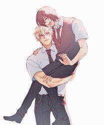 Rule 34 | 2boys, black hair, black necktie, black pants, blonde hair, carrying, carrying person, closed eyes, collared shirt, commentary request, couple, full body, hair between eyes, happy, highres, laughing, light smile, looking at another, male focus, multiple boys, necktie, open mouth, pants, sakiyama youji, school uniform, shironuma tetsuo, shirt, short hair, smile, standing, sweater vest, sweet pool, white background, yaguchi4322, yaoi, yellow eyes