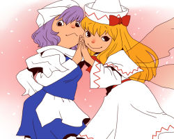 Rule 34 | 2girls, blonde hair, bow, breasts, cheek-to-cheek, dress, female focus, hat, heads together, letty whiterock, light purple hair, lily white, long hair, multiple girls, onikobe rin, ribbon, scarf, short hair, smile, touhou, white scarf, wings
