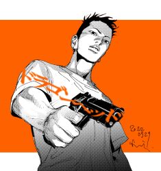 Rule 34 | 1boy, character request, commentary, dated, dragon head, earrings, from below, greyscale with colored background, gun, holding, holding gun, holding weapon, jewelry, kotteri, looking at viewer, male focus, nimura (dragon head), orange hair, shirt, short hair, simple background, upper body, weapon