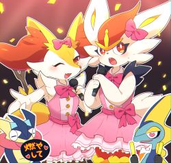 Rule 34 | 2boys, 2girls, animal ear fluff, animal ears, animal nose, averting eyes, blue skin, blush, body fur, bow, bowtie, braixen, bright pupils, buttons, chromatic aberration, cinderace, closed eyes, clothed pokemon, collared dress, colored skin, confetti, cowboy shot, creatures (company), dress, embarrassed, fang, fins, flat chest, fox ears, fox girl, fox tail, frilled dress, frills, furry, furry female, furry male, game freak, gen 6 pokemon, gen 8 pokemon, glowstick, gradient background, greninja, hair bow, hands up, happy, head fins, heart, heart-shaped pupils, highres, holding, holding glowstick, holding microphone, idol, inteleon, japanese text, light rays, long tongue, looking to the side, microphone, multicolored skin, multiple boys, multiple girls, music, nervous, nintendo, one eye closed, open mouth, outline, outstretched arm, own hands together, pink bow, pink bowtie, pink dress, pokemon, pokemon (creature), rabbit ears, rabbit girl, rabbit tail, red background, red eyes, red fur, red hair, reptile boy, sash, short dress, short hair, sideways mouth, simple background, singing, skin fang, sleeveless, sleeveless dress, smile, snout, speech bubble, spoken heart, standing, stick, subaru331, sweat, symbol-shaped pupils, tail, talking, tongue, tongue out, translation request, two-handed, two-tone skin, upper body, white fur, white outline, white pupils, wide-eyed, wink, yellow fur, yellow skin