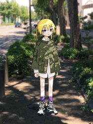 Rule 34 | 1girl, absurdres, bad id, bad twitter id, blonde hair, blush stickers, car, closed mouth, gishiki (gshk), green jacket, highres, jacket, kill me baby, long hair, long sleeves, looking at viewer, motor vehicle, outdoors, photo background, purple socks, shoes, socks, solo, sonya (kill me baby), standing, tree, twintails