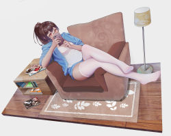 Rule 34 | 1girl, absurdres, blue jacket, blue shorts, breasts, brown hair, cellphone, chinese commentary, commentary request, couch, feet, full body, glasses, hands up, highres, holding, holding phone, jacket, lamp, long hair, looking at viewer, magazine (object), medium breasts, no shoes, on couch, original, phone, ponytail, qizhu, red eyes, shirt, shorts, simple background, sitting, smartphone, solo, thighhighs, toes, white background, white shirt, white thighhighs, wooden floor