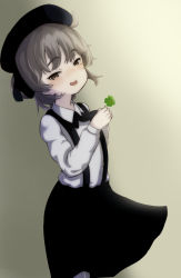 Rule 34 | 1girl, :d, beret, black hat, black ribbon, black skirt, blush, brown eyes, brown hair, clover, collared shirt, commentary request, fang, four-leaf clover, hair rings, hat, hatoba tsugu, head tilt, highres, holding, looking at viewer, mole, mole under eye, open mouth, pantyhose, ribbon, shirt, skirt, smile, solo, suspender skirt, suspenders, tarako (tarakoman626), virtual youtuber, white pantyhose, white shirt