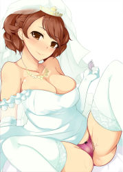 Rule 34 | 10s, 1girl, bad id, bad pixiv id, bare shoulders, breasts, cleavage, condom, dress, elbow gloves, gloves, highres, hojo karen, idolmaster, idolmaster cinderella girls, imacchi, jewelry, large breasts, md5 mismatch, necklace, panties, smile, solo, underwear, wedding dress