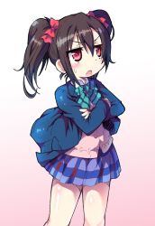 Rule 34 | 10s, 1girl, angry, black hair, blazer, bow, crossed arms, d:, d:&lt;, jacket, kanibasami, love live!, love live! school idol project, open mouth, pleated skirt, red eyes, school uniform, simple background, skirt, solo, tsundere, twintails, v-shaped eyebrows, yazawa nico