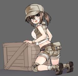 Rule 34 | 1girl, ass, belt, blush, boots, box, breasts, brown hair, fio germi, glasses, hat, knee pads, kneeling, looking at viewer, looking back, metal slug, open mouth, ponytail, shorts, simple background, snk, solo, tama (tamatamo), vest