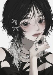 Rule 34 | 1girl, black hair, closed mouth, colored tips, crying, crying with eyes open, grey eyes, hair ribbon, hand up, highres, jewelry, kirochy, looking at viewer, multicolored hair, multiple rings, necklace, original, ribbon, ring, solo, tears, upper body, white hair, white ribbon