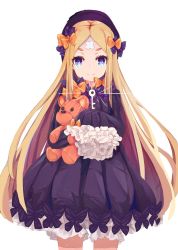 Rule 34 | &gt;:), 1girl, abigail williams (fate), black bow, black dress, black hat, blonde hair, bloomers, blue eyes, bow, bug, butterfly, closed mouth, coria, cowboy shot, crossed bandaids, dress, fate/grand order, fate (series), hair bow, hat, highres, hugging object, insect, key, long hair, long sleeves, looking at viewer, orange bow, parted bangs, polka dot, polka dot bow, short eyebrows, simple background, sleeves past fingers, sleeves past wrists, smile, solo, stuffed animal, stuffed toy, teddy bear, thick eyebrows, underwear, v-shaped eyebrows, very long hair, white background, white bloomers