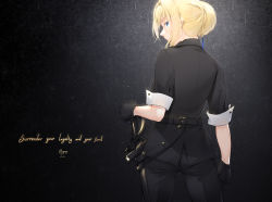Rule 34 | 1girl, alternate costume, azur lane, back, bad id, bad pixiv id, black gloves, black pants, black shirt, blonde hair, blue eyes, collared shirt, commentary, dated, english text, gloves, hand on hilt, jeanne d&#039;arc (azur lane), looking at viewer, looking back, maya g, official art, pants, ponytail, profile, shirt, short sleeves, sidelocks, signature, solo, sword, weapon
