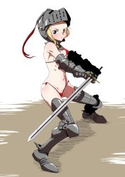 Rule 34 | 1girl, armored boots, bikini, blonde hair, boots, breasts, cameltoe, female focus, female knight, fighting stance, gauntlets, helmet, highres, holding, holding sword, holding weapon, knight, legs apart, micro bikini, original, small breasts, solo, standing, swimsuit, sword, uchuu ika, weapon