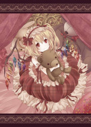 Rule 34 | 1girl, adapted costume, blonde hair, bow, curtains, female focus, flandre scarlet, hairband, highres, kuro (pixiv213382), looking up, plaid, red eyes, short hair, side ponytail, smile, solo, stuffed animal, stuffed toy, teddy bear, embodiment of scarlet devil, touhou, unmoving pattern, wings