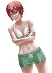 Rule 34 | 1girl, absurdres, aizawa tomo, bare shoulders, bikini, bikini top only, bkni 11, blush, breasts, cleavage, collarbone, commentary request, cowboy shot, crossed arms, drawstring, dutch angle, embarrassed, fang, green bikini, green shorts, groin, hair between eyes, halterneck, highres, looking to the side, medium breasts, navel, open mouth, red eyes, red hair, short hair, shorts, simple background, solo, standing, stomach, striped bikini, striped clothes, swimsuit, thighs, tomo-chan wa onna no ko, wavy mouth, white background