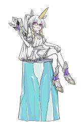 Rule 34 | 1girl, animal ears, black souls, boots, dress, flower, frilled sleeves, frills, glasses, gloves, highres, holding, holding mask, horns, horse ears, horse mask, ice, long hair, looking at viewer, mask, neck flower, parted lips, puffy short sleeves, puffy sleeves, purple eyes, rabbit king, scowl, short sleeves, simple background, single horn, solo, unicorn girl, unis (black souls), very long hair, white background, white dress, white flower, white footwear, white gloves, white hair