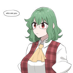 2girls ascot collared_shirt english_text expressionless glasses green_hair highres kawashiro_nitori kazami_yuuka light_blush mata_(matasoup) multiple_girls open_clothes open_vest plaid_clothes plaid_vest red_eyes red_vest shirt short_hair sparkling_eyes touhou very_big_eyes vest white_background white_shirt yellow_ascot