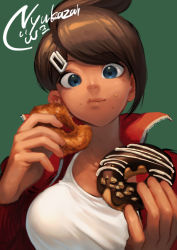 Rule 34 | 1girl, asahina aoi, blue eyes, breasts, brown hair, commentary request, danganronpa: trigger happy havoc, danganronpa (series), dark-skinned female, dark skin, doughnut, face, food, from below, green background, hair ornament, hairclip, holding, holding food, jacket, large breasts, looking at viewer, nyuukazai, open clothes, open jacket, red jacket, shirt, short hair, signature, simple background, solo, white shirt