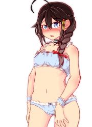 Rule 34 | 10s, 1girl, absurdres, blue bra, blue eyes, blue panties, blush, bra, braid, breasts, brown hair, covered erect nipples, cowboy shot, ear blush, gluteal fold, hair ornament, highres, kantai collection, long hair, looking at viewer, navel, panties, parted lips, ru2n131, shigure (kancolle), shigure kai ni (kancolle), simple background, small breasts, solo, sweatdrop, underwear, underwear only, white background