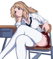 Rule 34 | 1girl, absurdres, black necktie, black panties, blonde hair, blue eyes, breasts, cleavage, clothes lift, commentary, crossed legs, desk, english commentary, fingernails, girls und panzer, hair intakes, head rest, highres, huaronanago, kay (girls und panzer), long fingernails, long hair, loose necktie, medium breasts, nail polish, necktie, panties, pink nails, red skirt, saunders school uniform, school desk, school uniform, shirt, side-tie panties, skirt, skirt lift, solo, thighhighs, thighs, underwear, white background, white shirt