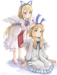 Rule 34 | 2girls, angel, angel wings, barefoot, blonde hair, blue bow, blue eyes, blue hairband, blue ribbon, bow, closed mouth, colored shadow, commentary, cosplay, costume switch, crossover, disgaea, dress, feathered wings, filo (tate no yuusha no nariagari), flonne, frilled dress, frills, green eyes, hair between eyes, hair ribbon, hairband, highres, hikari niji, long hair, long sleeves, look-alike, makai senki disgaea, multiple girls, parted bangs, ribbon, sandals, shadow, sitting, smile, standing, tate no yuusha no nariagari, trait connection, very long hair, wariza, white background, white dress, white footwear, white wings, wings